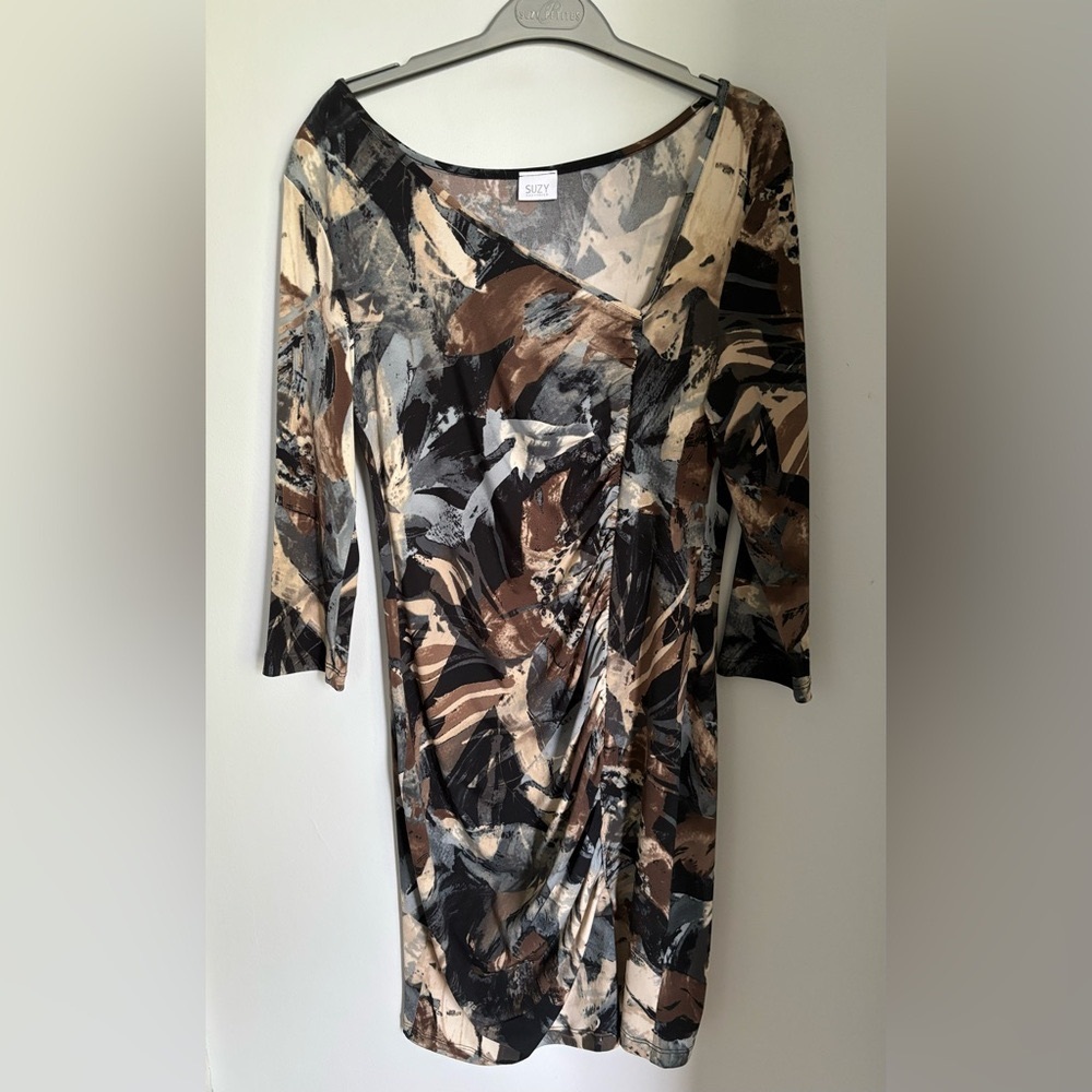 Dress. Asymmetrical with ruching up center.